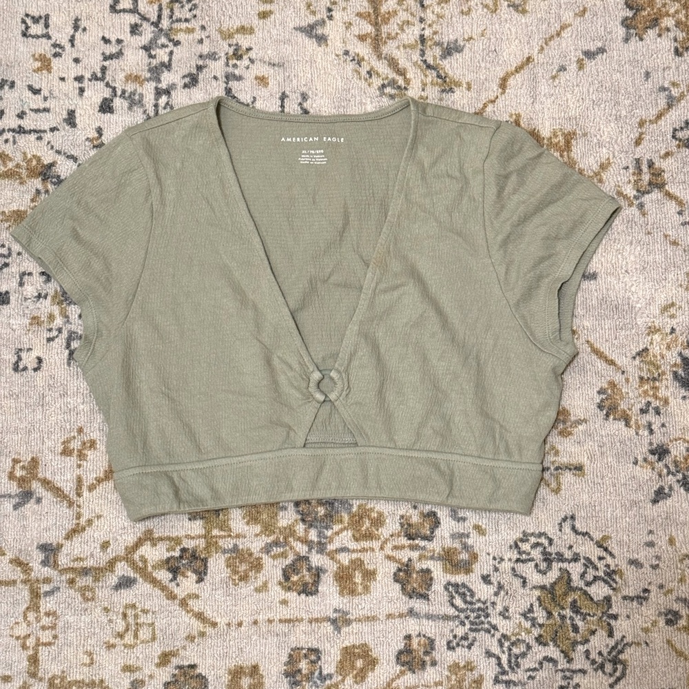 American Eagle Green Khaki Sage Crop Top V Neck Short Sleeve | Sz XL